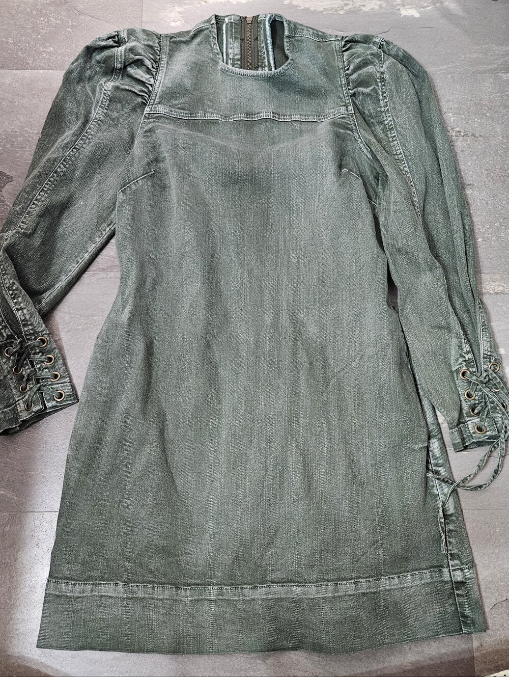 Ulla Johnson Washed Sage Green 3/4 Sleeve Denim Mini Dress with Lace-Up Cuffs - Picture 2 of 10